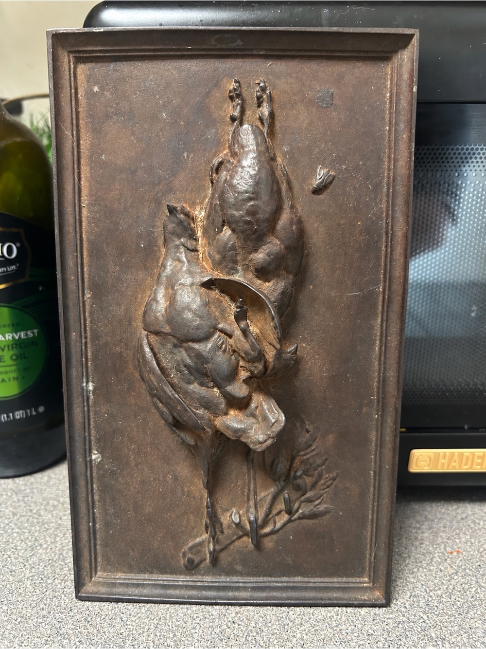 Antique 19thC Cast Iron Hanging Game Birds Relief Plaque Sand Cast Panel Mêne